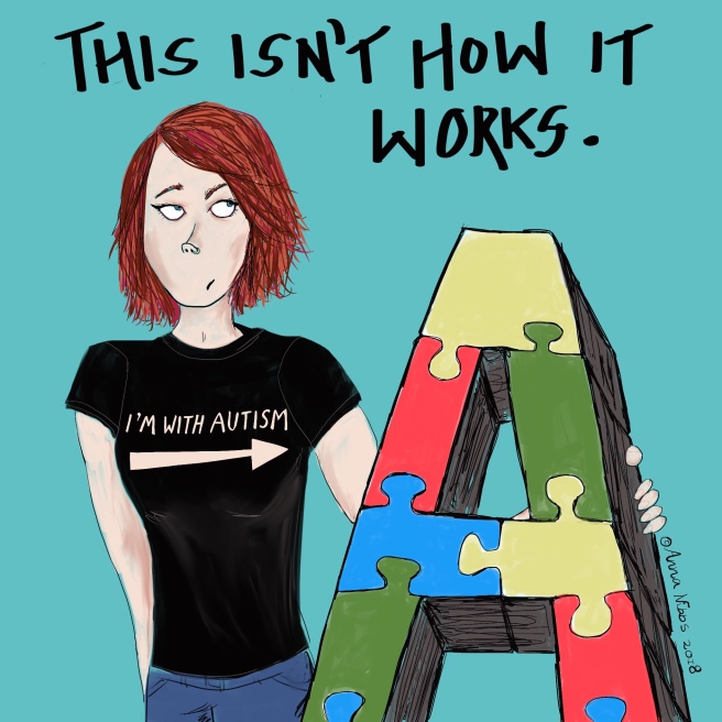 Female-presenting white red-haired person wearing black t-shirt bearing “I’M WITH AUTISM” slogan and an arrow pointing to the left, where there is a giant letter A. The words “This isn’t how it works” in ALL CAPS are written above the image.